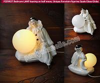 6a50PIERROT Bedroom LAMP leaning on half moon, Unique Porcelain figurine Opale Glass Globe.jpg